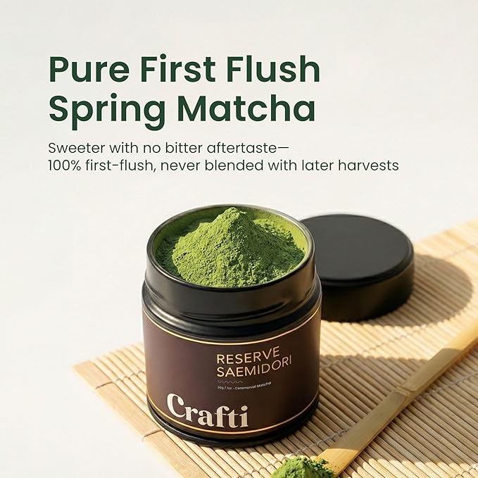 Crafti Ceremonial Grade Matcha Powder | 100% First Harvest | Single Cultivar | Saemidori | Unsweetened Authentic Japanese Matcha Green Tea Powder from Yame Fukuoka (30g / 1.06oz)