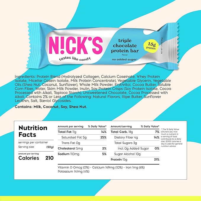 Nick’s Protein Bars Triple Chocolate – 12-Count Box | High Protein Low Calories Low Carbs Keto Friendly No Added Sugar (12 bars x 50g)