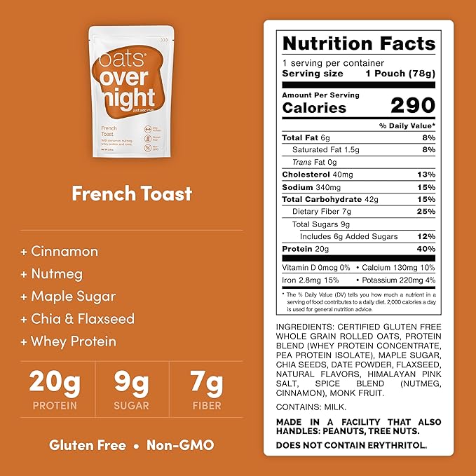 Oats Overnight French Toast - Overnight Oats with 20g Whey Protein High Fiber Breakfast Protein Shake - Gluten Free Oatmeal Non GMO High Protein Oatmeal (2.7 oz per Meal) (24 Pack)