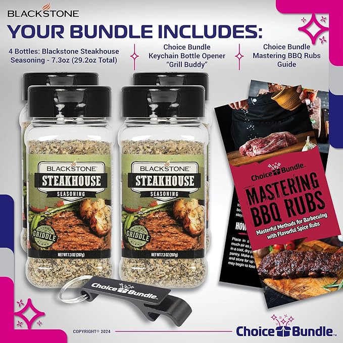 Blackstone Steakhouse Seasoning – Gourmet Griddle Premium Barbecue Rub 4 Pk (29.2 oz) + BBQ Masters &amp Opener (6 Items)!