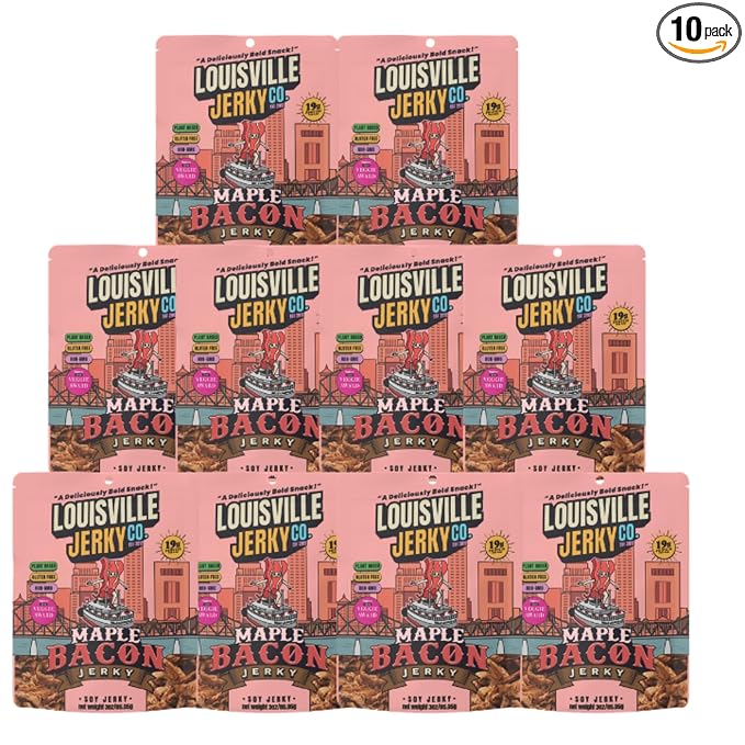 Louisville Jerky Co. Vegan Jerky Plant-Based Maple Bacon Flavor High Protein Snack 3 oz Bags 10-Pack – Sweet &amp Smoky Chewy Texture Gluten-Free