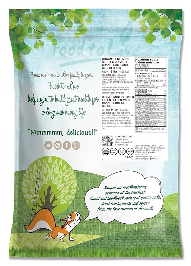 Food to Live Organic Essential Berries Mix 9 Pounds Non-GMO Dried Blueberries and Cranberries. Unsulfured Kosher. Gently sweetened. Lightly Coated with Organic Sunflower Oil. Vegan Bulk