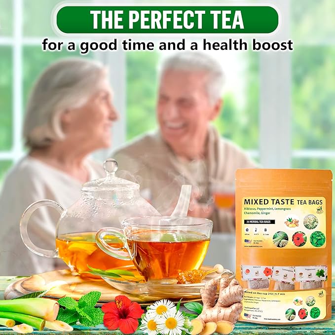 TeaDreamTea Tea Bag Sampler | 25 Bleach-Free Tea Bags | Caffeine Free | Dried Hibiscus Flowers | Ginger Lemongrass Chamomile &amp Peppermint Tea Bags