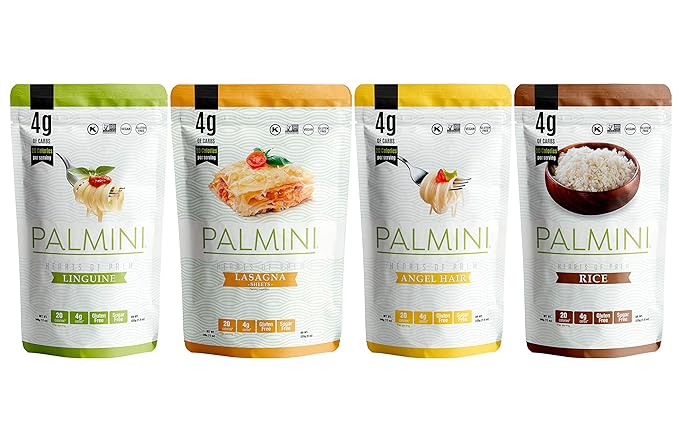 NEW !! Palmini Pouch VARIETY PACK | Linguine | Angel Hair | Lasagna | Rice | 4g of Carbs | As Seen On Shark Tank | Gluten Free (12 Ounce (Pack of 4))