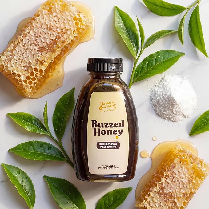 Buzzed Honey - Raw Unfiltered Honey with Natural Green Tea Caffeine Caffeinated Honey Sweetener for Coffee Tea Smoothies &amp Workouts Clean Energy Boost 4 Ingredients16 oz (32 Servings)