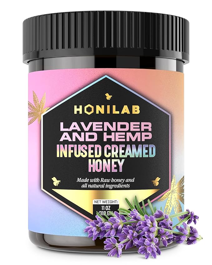 Spun Honey Lavender &amp Hemp Infused Creamed Honey - OU Kosher Certified - Natural &amp Pure Blend - No Added Flavors Independent Testing for Purity and Potency Whole Ingredients - 11 Oz. Jar