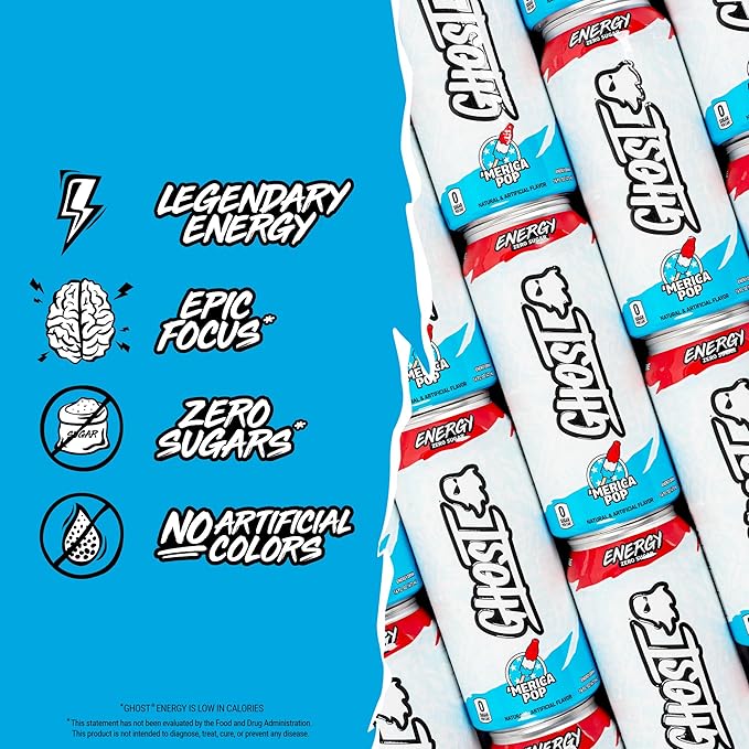 GHOST Energy Drink - 12-Pack 'Merica Pop 16oz Cans - Energy &amp Focus &amp No Artificial Colors - 200mg of Natural Caffeine L-Carnitine &amp Taurine - Gluten-Free &amp Vegan