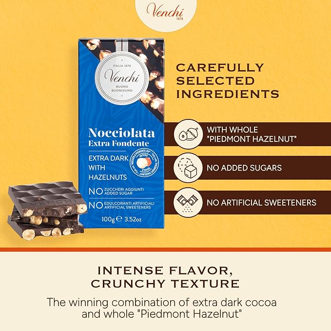 Venchi - Set of 6 Extra Dark Hazelnut Bars 21.16 oz - NO Added Sugar - NO Artificial Sweeteners - Gluten Free - Vegan - Great Gift Idea