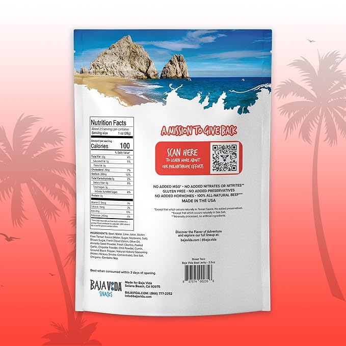 Baja Vida Street Taco Beef Jerky - Sweet and Spicy Beef Jerky Snack Packs Healthy Jerky Gluten-Free All-Natural Beef No MSG Made in the USA - 2.5 Oz Bags (Pack of 3)