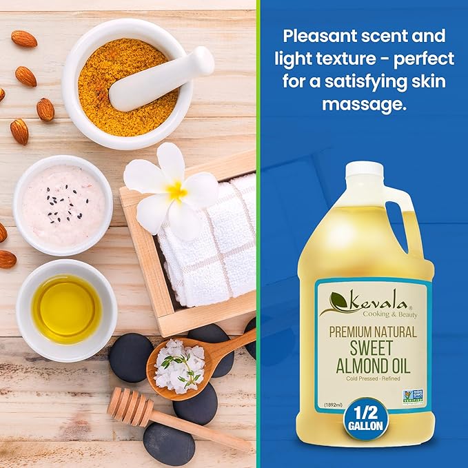 Kevala Sweet Almond Oil - Cold Pressed Almond Oil for Baking and Mixing with Essential Oils With Mild Scent and Flavor Nourishing and Rich in Vitamin E Made with Selected Almonds 64 oz 1/2 gal