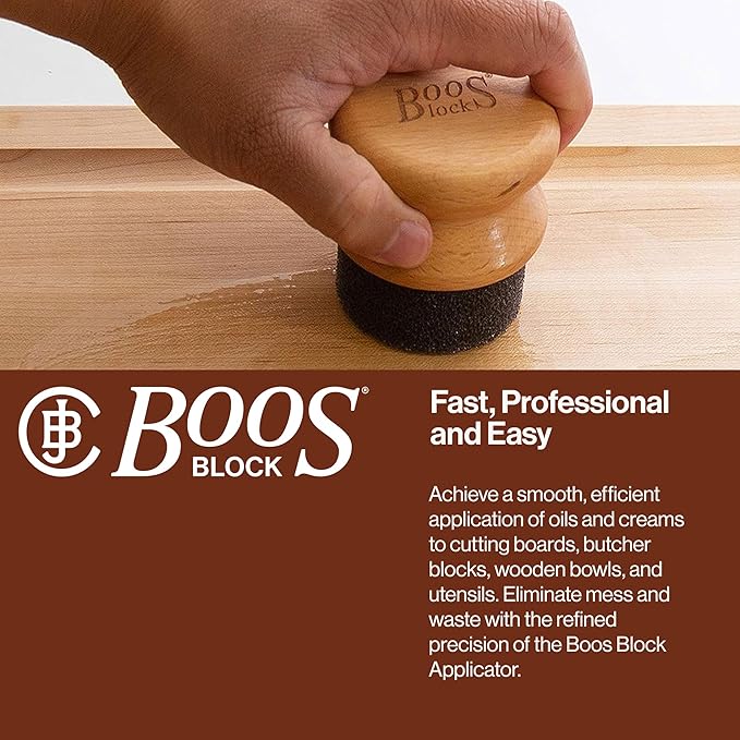 John Boos Oil &amp Cream Round Applicator for Wood Cutting Boards Butcher Blocks &amp Utensils Beechwood - Solid Hardwood Handle Silver Ion-Treated Sponge Storage Cap Easy and Even Application