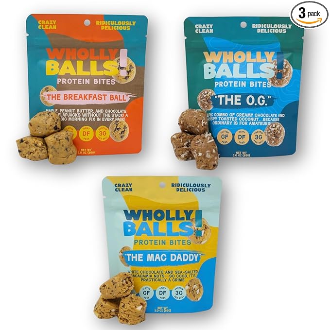 Wholly Balls Protein Bites – Healthy Plant-Based Snack | High Protein Low Sugar Gluten-Free Energy Balls (Pack of 3 Classic Combo Bundle)