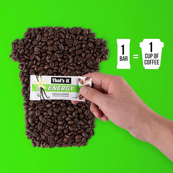 That's it. Organic Energy Coffee Mini Bars-Vanilla Coffee ( 1 Mini Bar = 1 Cup of Coffee ) Grab and GoNo Added SugarsNon-GMOCaffeine Power SnackKosherAllergy Friendly (Vanilla Coffee-15 Pack)