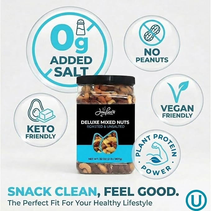 Jaybee’s Unsalted Mixed Nuts | 32 oz | Gourmet Roasted Deluxe Nut Mix with Cashews Almonds Pecans Hazelnuts Brazil Nuts (No Peanuts) | Keto Vegan Friendly Kosher Healthy Snacks