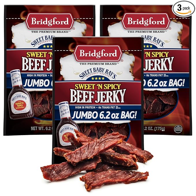 Bridgford Sweet Baby Ray’s Beef Jerky Sweet N Spicy 6.2 oz Pack of 3 - High Protein Sweetened Spicy Beef Jerky for Your Dietary Preference - Ready-to-Eat Snacks for On-the-Go Snacking