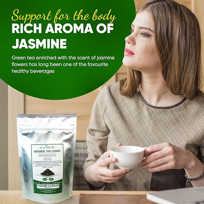 Greenhilltea Decaf Jasmine Green Tea Green Tea CO2 naturally processed Caffeine-Free Tea - 8 Oz Bag