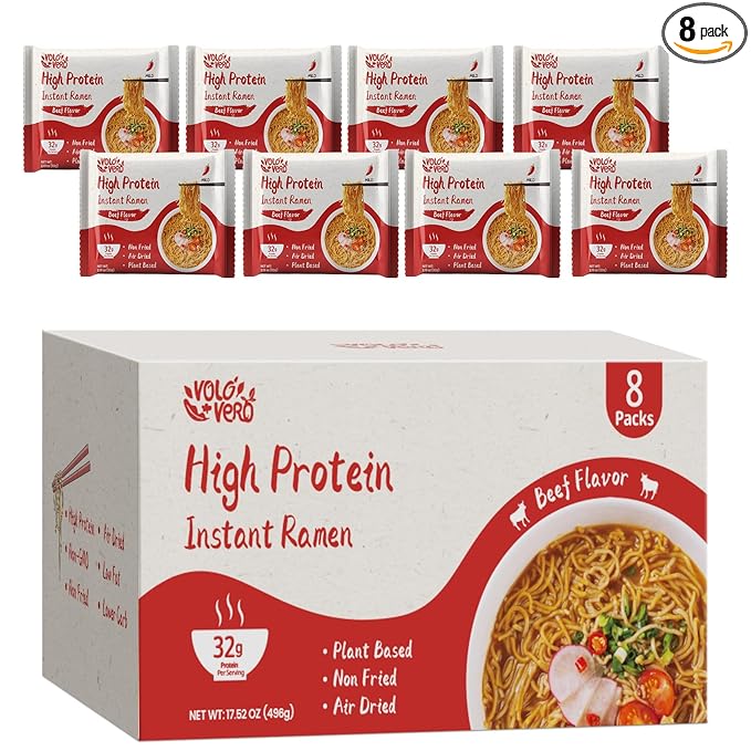 VOLO VERO High Protein (32g) Instant Ramen Noodles “Spicy Beef” Flavor Soup 8 Pack Plant-Based Low Carb Air-Dried Non-Fried Egg-Free Ready to Eat Dairy Free Healthy Meal