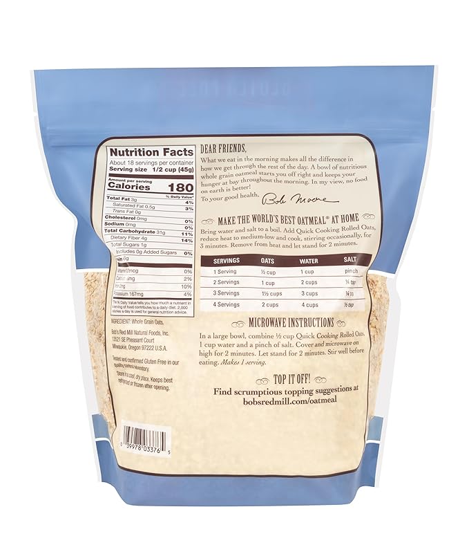 Bob's Red Mill Gluten Free Quick Cooking Rolled Oats 28oz (Pack of 8) - Non GMO Whole Grain Vegan Kosher
