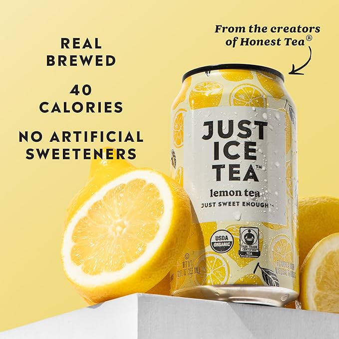 Just Ice Tea Lemon Flavored Black Iced Tea 24-Pack (12oz Cans) USDA Certified Organic Real Brewed Low Calorie No Artificial Sweeteners Fair Trade Made in USA.
