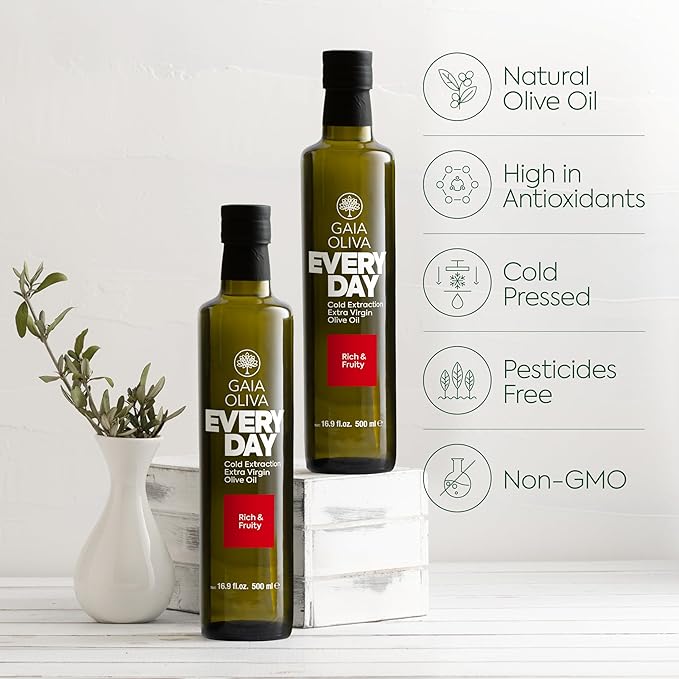 Gaia Oliva Everyday Extra Virgin Olive Oil – Cold Pressed Unrefined Single Estate Trilye Olives Low Acidity Dark Glass Bottle 100% Extra Virgin Product of Turkey New Harvest Polyphenol-Rich