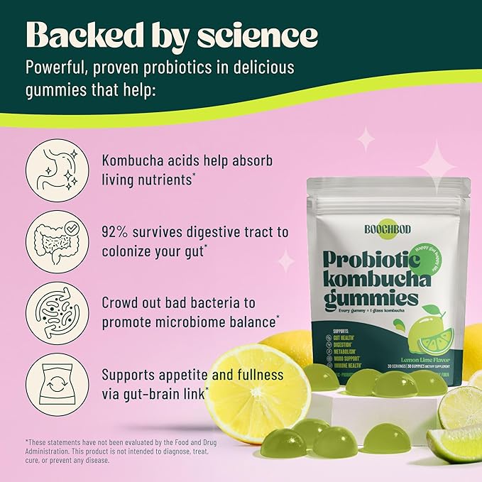 Probiotic Kombucha Gummy - Prebiotics Probiotics Postbiotics Fiber Supplement Slippery Elm Dandelion Root for Bloating Gut Health - for Women and Men - Lemon Lime (Lemon Lime)