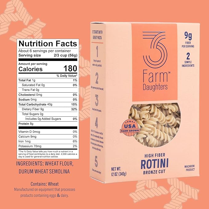 3 Farm Daughters High Fiber Pasta Variety Pack Includes Penne Elbow Rotini &amp Cavatappi Low GI Non GMO Low Net Carb Made in the USA 12 oz. (4 Pack)