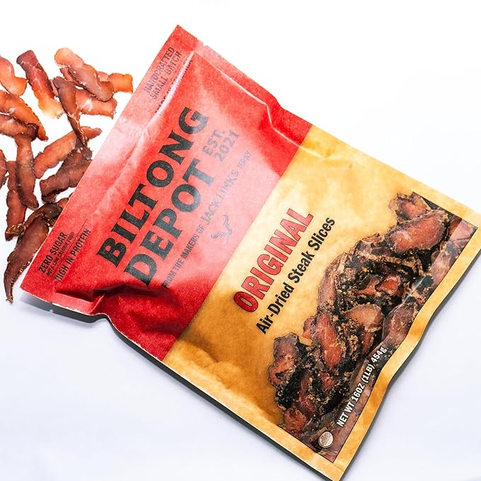Biltong Depot Lean Original Biltong Slices - 1lb (16oz) | Air-Dried Beef Jerky Snack | High Protein | Paleo &amp Keto Friendly | Zero Sugar | Gluten Free | No Artificial Preservatives | No MSG