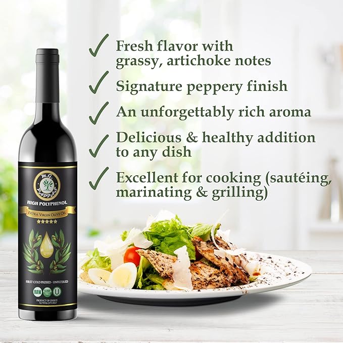 M.G. Pappas Extra Virgin Olive Oil High Polyphenol EVOO - Cold Pressed &amp Unfiltered Greek Olive Oil - Over 500mg/kg Polyphenols with High Hydroxytyrosol - Award-Winning Organic Quality - 12.7oz (