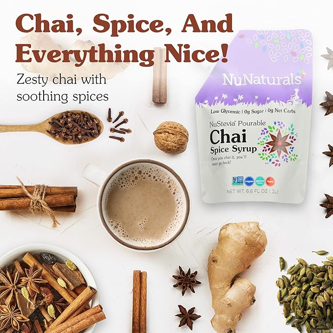NuNaturals Stevia Syrup Sugar-Free Sweetener Plant-Based Sugar Substitute Zero Calorie Chai Spice 6.6 oz (3-Pack)