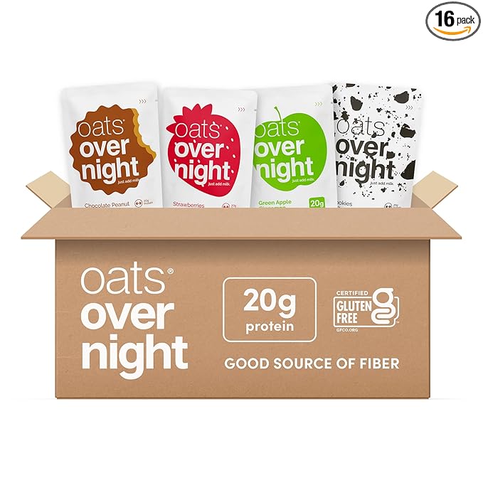 Oats Overnight Classic Variety Pack - High Protein High Fiber Breakfast Protein Shake - Gluten Free Oatmeal Non GMO High Protein Oatmeal - Green Apple Cinnamon Cookies &amp Cream &amp More (16 Pa