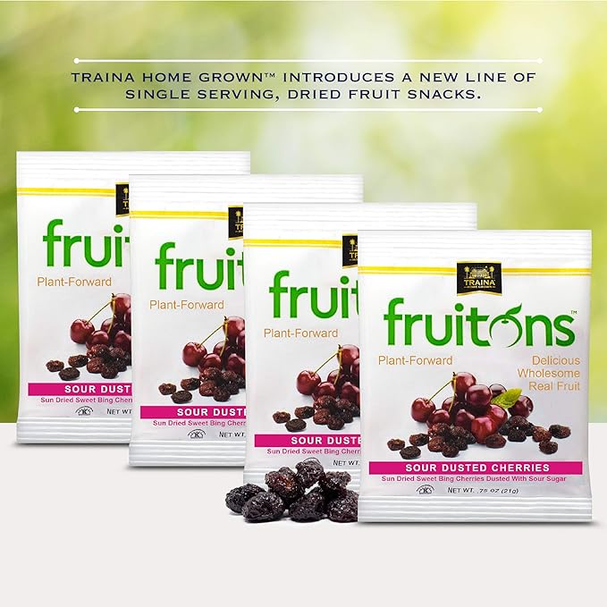 Traina Home Grown Fruitons Sun Dried Cherries Dusted With Sour Sugar - Non-GMO Gluten Free .75 oz bags (Pack of 18)