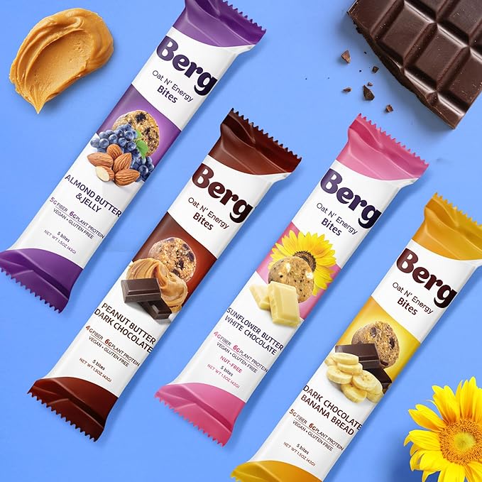 Berg Energy Bites Sunflower Butter &amp White Chocolate – Plant‑Based Protein Snack with 16 g Protein &amp 1 g Sugar – Vegan Gluten‑Free Low Sugar High Fiber Non‑GMO Prebiotic Bites – 1.5 oz (8