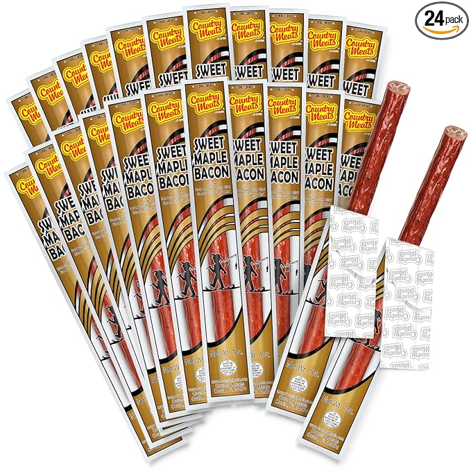 Country Meats Meat Sticks 0 Trans Fat USDA Certified Good Source of Protein Carb Conscious Snack (24 Meat Sticks Sweet Maple Bacon)
