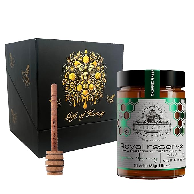 Ellora Farms Organic Honey Wild Thyme Organic Honey Raw Unfiltered Preservative and Additive Free 2025 Paris and Dubai Gold Awards Winner Gift Pack with Dipper - 450g (16oz)