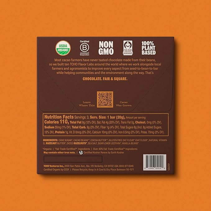 TCHO Hazel Nuts! Oat-Milk Chocolate Bars (5 pack) | Plant Based Organic &amp Fair Trade | Non GMO Non-Dairy Vegan Soy Free (2.1oz each)