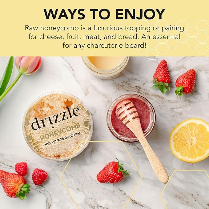 Drizzle Honeycomb - Raw All Natural Honey Comb Edible Topping for Charcuterie Unfiltered &amp Unheated Pair with Cheese Meat Fruit or Bread Certified Kosher - 7.05 oz (200 g)
