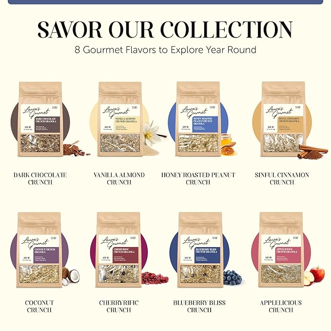 Laura's Gourmet Granola - Classic Variety Pack - Vanilla Almond Crunch Coconut Crunch BlueberryBliss Crunch