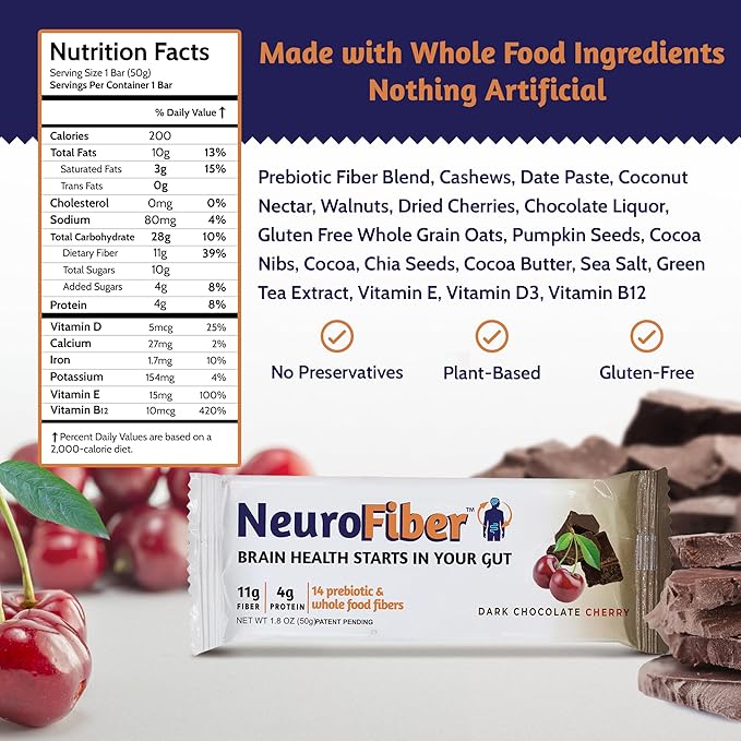 NeuroFiber Prebiotic Fiber Bars – Gut Health Constipation Relief &amp Brain Function Support – Plant-Based Gluten Free Vegan (Dark Chocolate Cherry - 14 Bars)