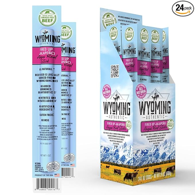 Wyoming 100% Grass Fed Beef Sticks - Fired Up Jalapeño Flavor - Clean Tasty Meat Sticks snacks with 6g of protein made with Angus Beef Sticks Nitrate Free Jerky Meat Sticks - No Artificial Ingredien