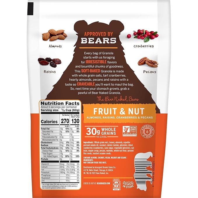 Bear Naked Granola Cereal Whole Grain Granola Breakfast Snacks Fruit and Nut Medley (6 Bags)