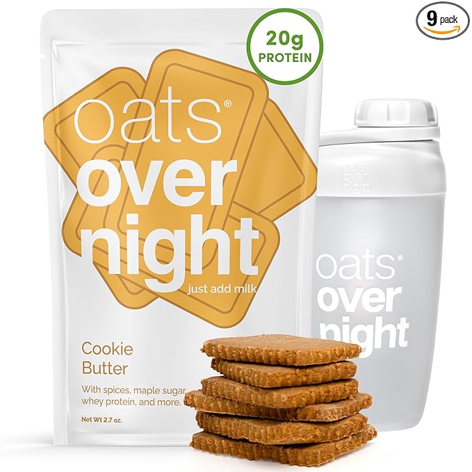 Oats Overnight Cookie Butter - Overnight Oats with 20g Whey Protein High Fiber Breakfast Protein Shake - Gluten Free Oatmeal Non GMO High Protein Oatmeal (2.7 oz per Meal) (8 Pack + Bottle)