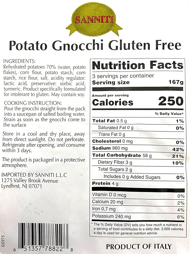Sanniti Italian Gluten Free Potato Gnocchi 17.5 oz (500 g) (Pack of 4)