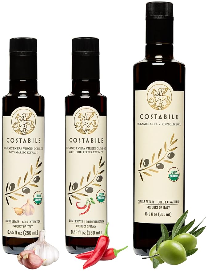 Hot Chili &amp Garlic Infused EVOO (2 x 8.45 Fl.Oz.) and Classic Blend EVOO (16.9 Fl.Oz.) - 100% Italian premium quality Olive Oil - COSTABILE
