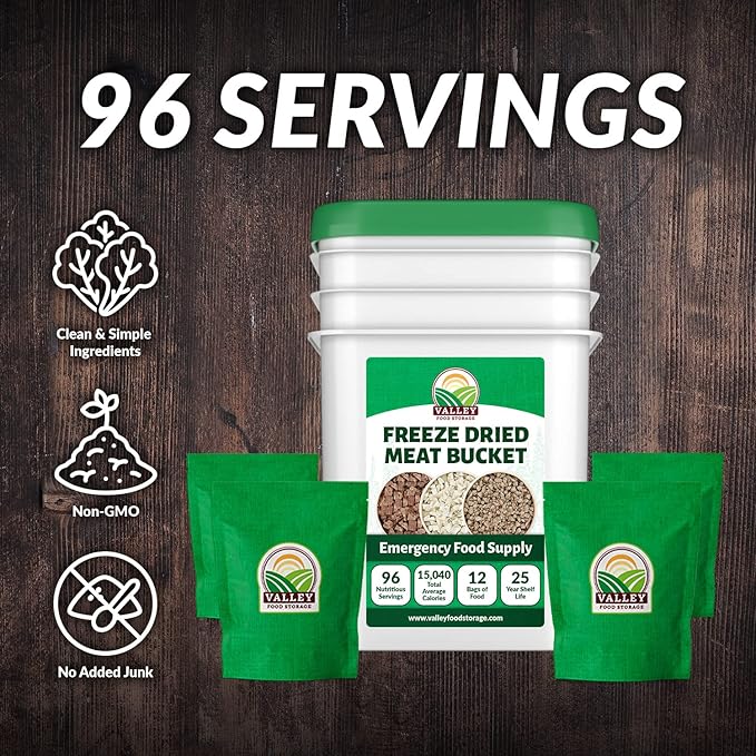 Valley Food Storage 92 Serving Freeze Dried Meat Bucket | Premium Emergency Food Supply with 1352g Protein | Survival Food 25 Year Shelf Life | Backpacking Meals Prepper Supplies &amp Off-Grid Liv