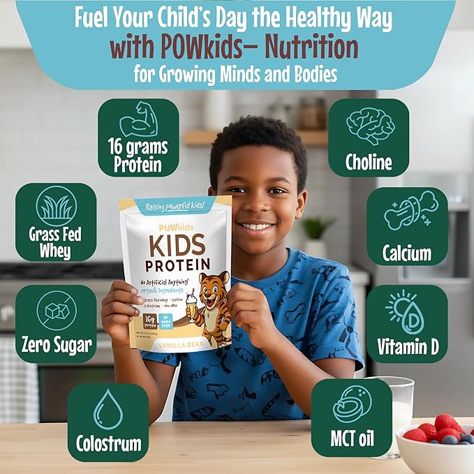 Kids Protein Shake Powder 16g – No Added Sugar Organic Ingredients Grass-Fed Whey Proteins – Calcium &amp Choline for Bone Strength &amp Brain Development Protein Shake – Vanilla