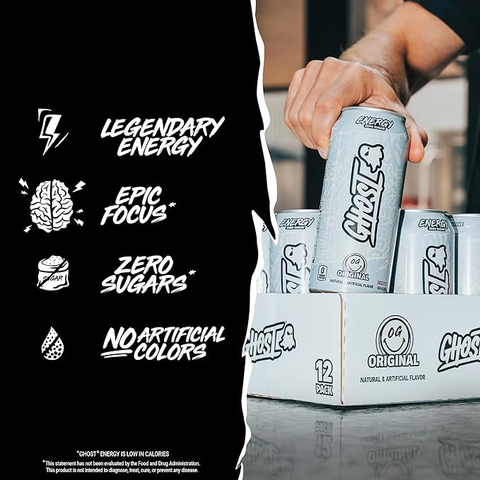 GHOST Energy Drink - 12-Pack Original 16oz - Energy &amp Focus &amp No Artificial Colors - 200mg of Natural Caffeine L-Carnitine &amp Taurine - Gluten-Free &amp Vegan