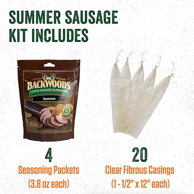LEM Products Backwoods Summer Sausage Cured Sausage Seasoning Kit Ideal for Wild Game Seasons Up to 20 Pounds of Meat 1 Pound 2.5 Ounce Package with Pre-Measured Cure Packet Included