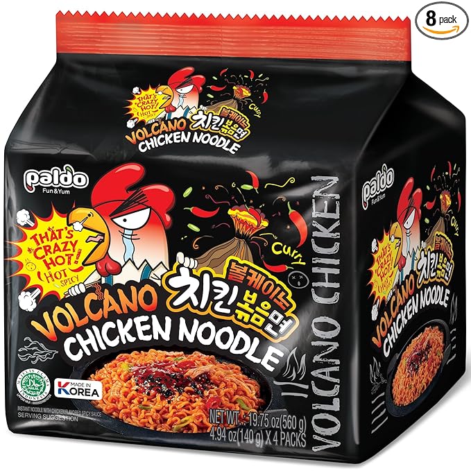 Paldo Fun &amp Yum Volcano Extremely Hot &amp Spicy Stir Fried Chicken Instant Noodles Pack of 8 Soupless Original Korean Ramyun Spicy Ramen Challenge Chicken Bokkeummyun 볼케이노 치킨볶음면 140g (4.93