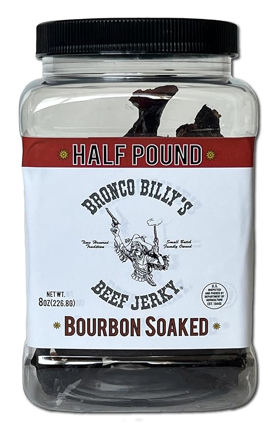 Bronco Billy's Beef Jerky Bourbon Soaked Half Pound Jar - 8oz - New Jar Design