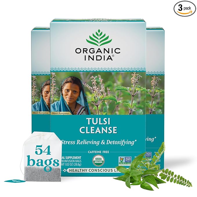 ORGANIC INDIA Tulsi Cleanse Tea - Holy Basil Ginger Turmeric Herbal Tea Stress Relieving &amp Cleansing Immune Support Adaptogen Organic Non-GMO Caffeine-Free - 18 Infusion Bags 3 Pack